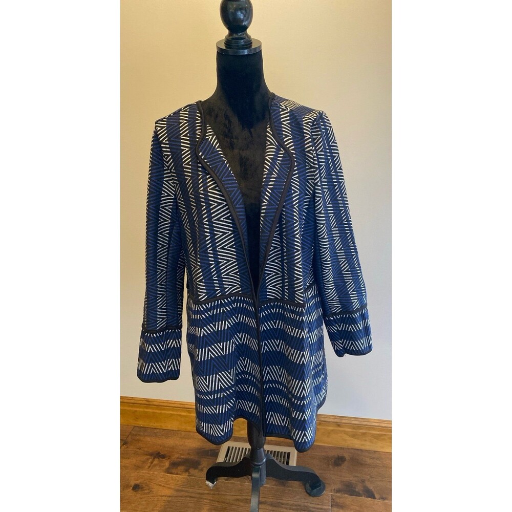 Dana Buchman Jacket Cardigan Blazer Sz XL Royal Blue Black Chevron Type Pattern